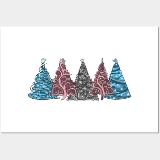 Row of Five Transgender Pride Flag Christmas Trees Vector Posters and Art